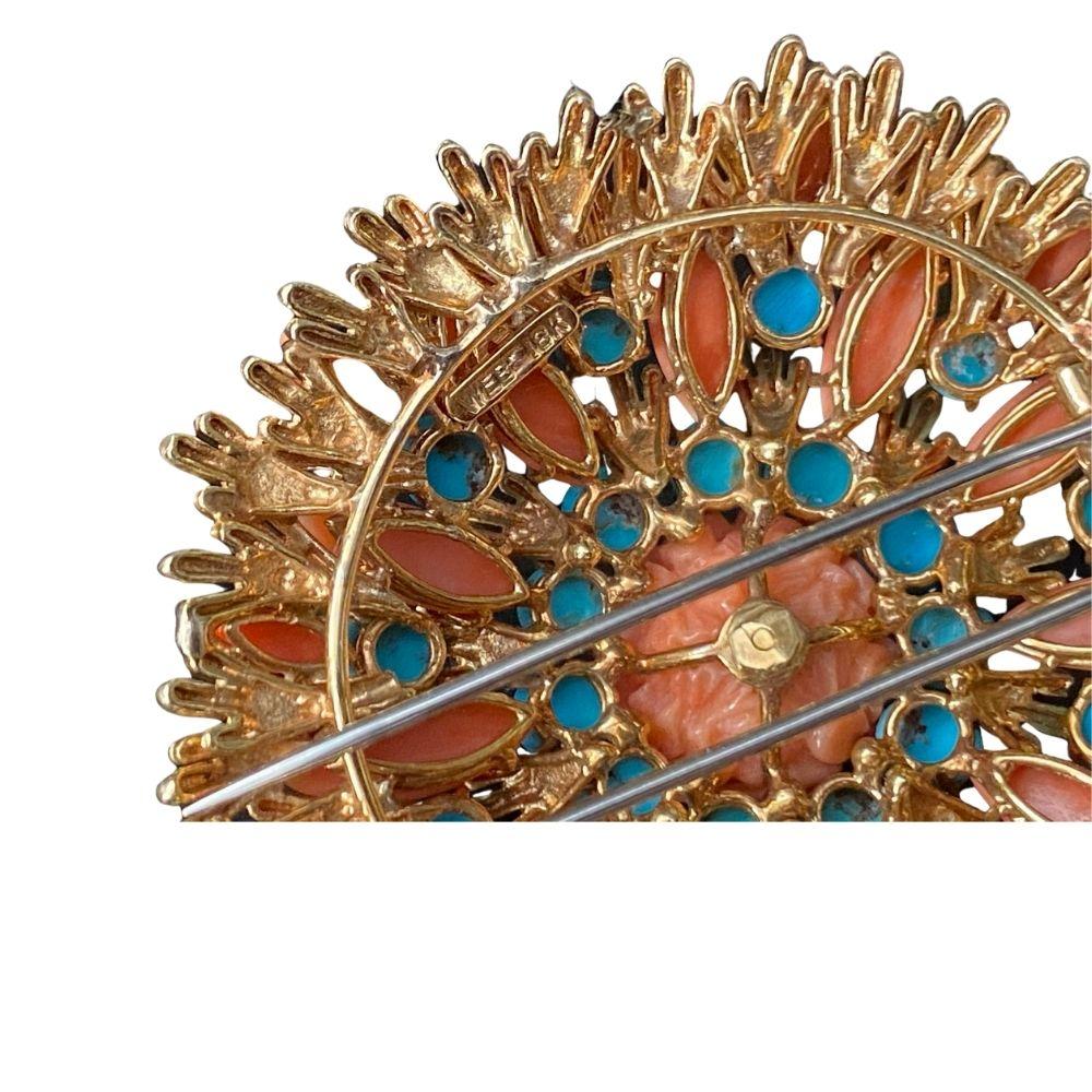 David Webb Diamond, Turquoise and Carved Coral Pin In Excellent Condition In New York, NY