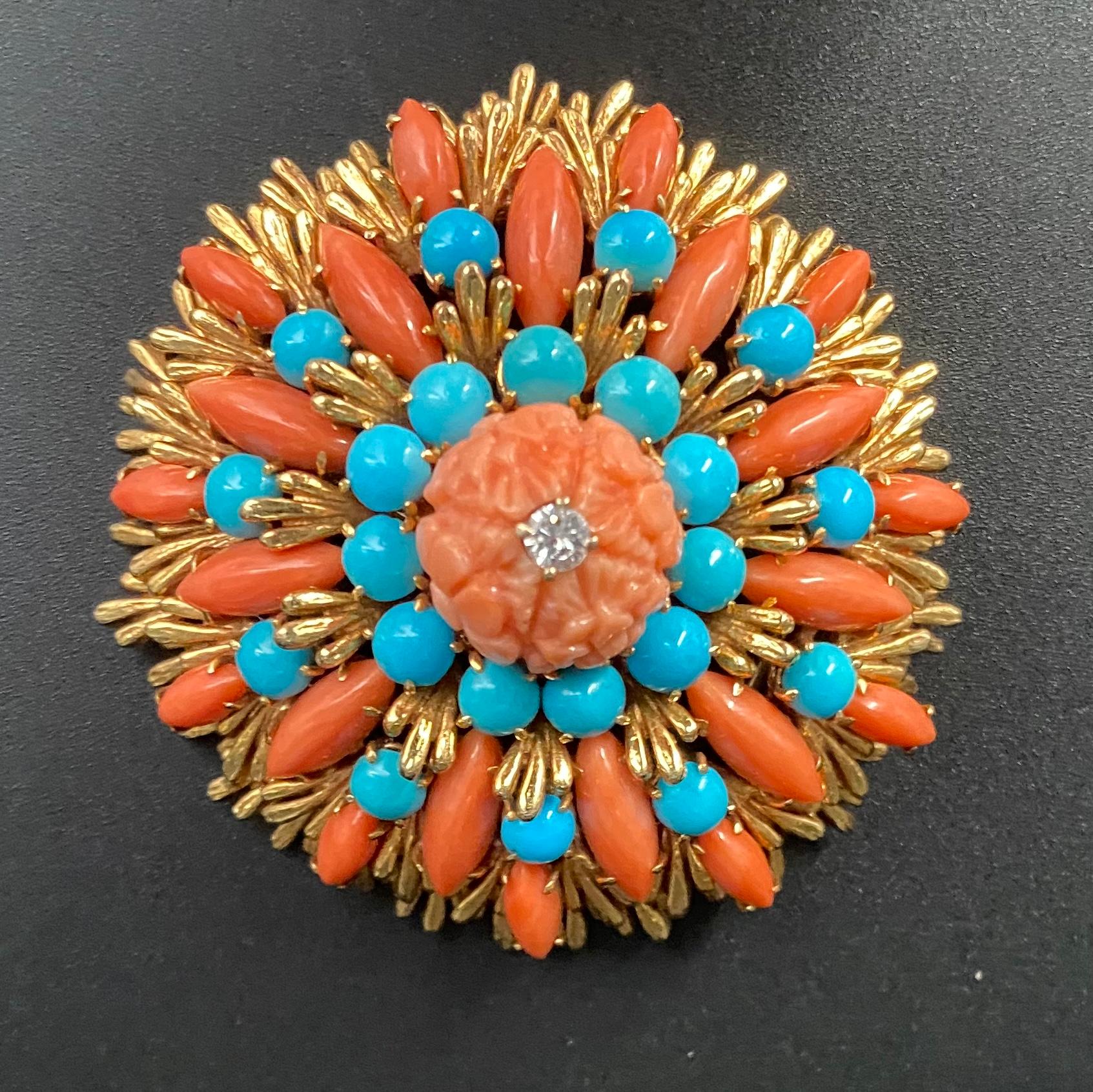 Women's or Men's David Webb Diamond, Turquoise and Carved Coral Pin