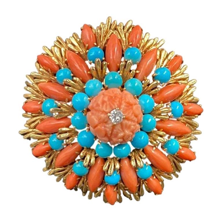 David Webb Diamond, Turquoise and Carved Coral Pin