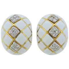 David Webb Diamond White Enamel Gold Platinum Earrings