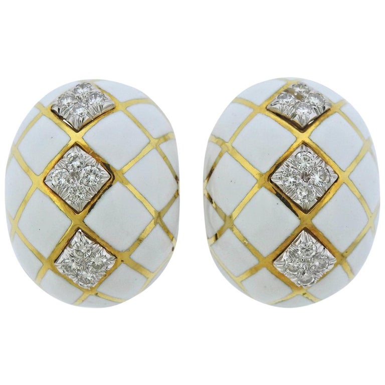 David Webb Diamond White Enamel Gold Platinum Earrings For Sale at 1stdibs