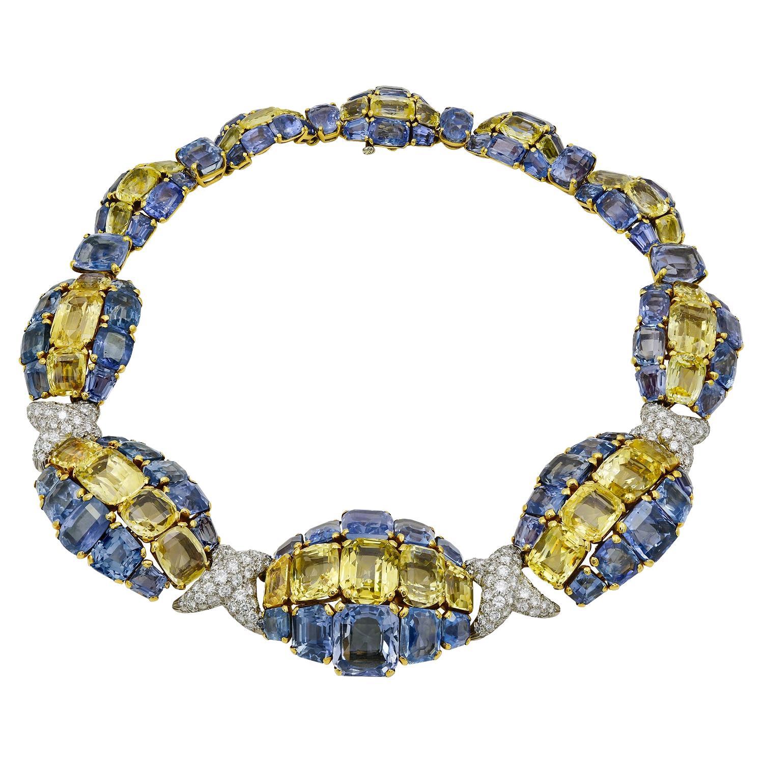 David Webb Diamond Yellow & Blue Sapphire Gold Necklace, circa 1958