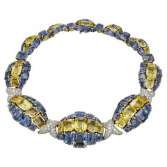 David Webb Diamond Yellow & Blue Sapphire Gold Necklace