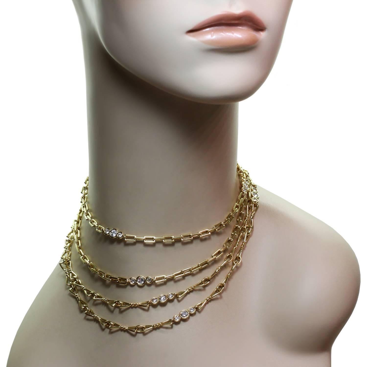 David Webb Diamond Yellow Gold Long Chain Necklace Pair Set 1