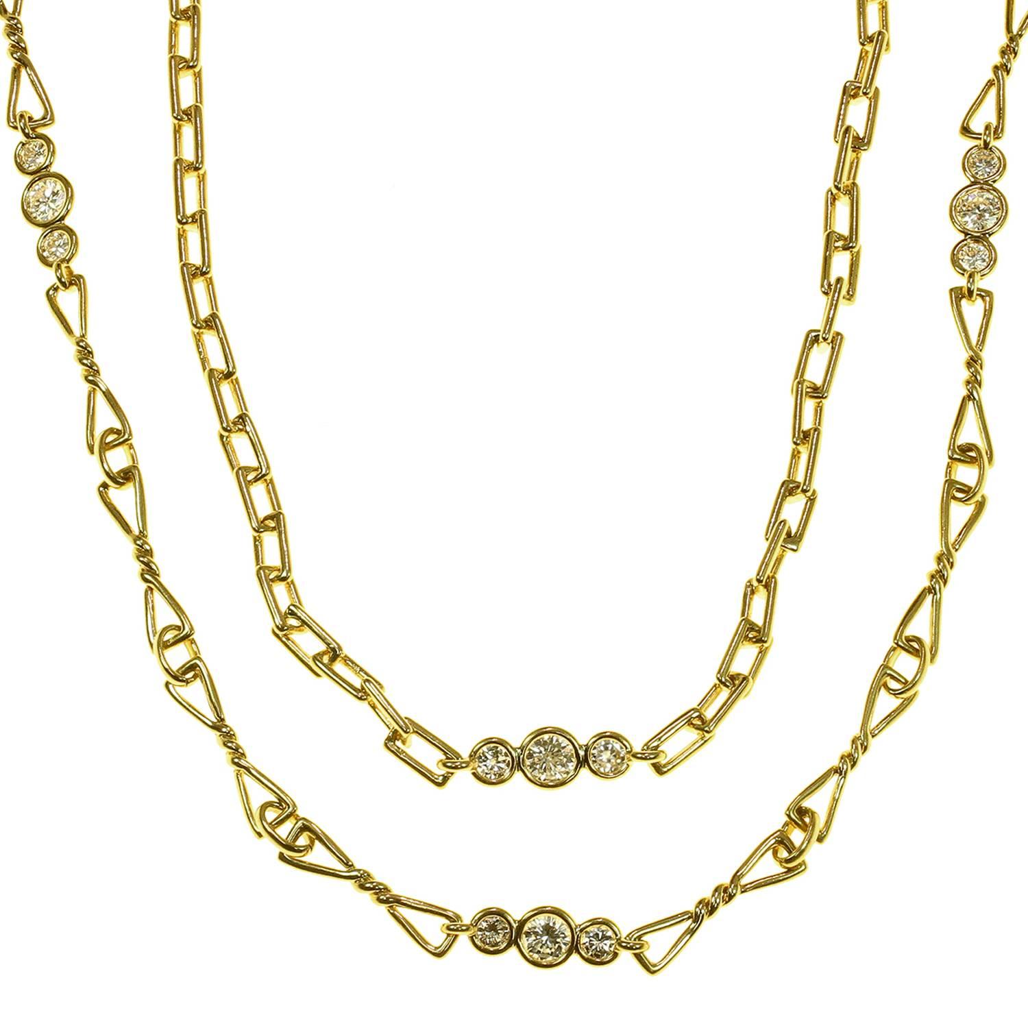 David Webb Diamond Yellow Gold Long Chain Necklace Pair Set