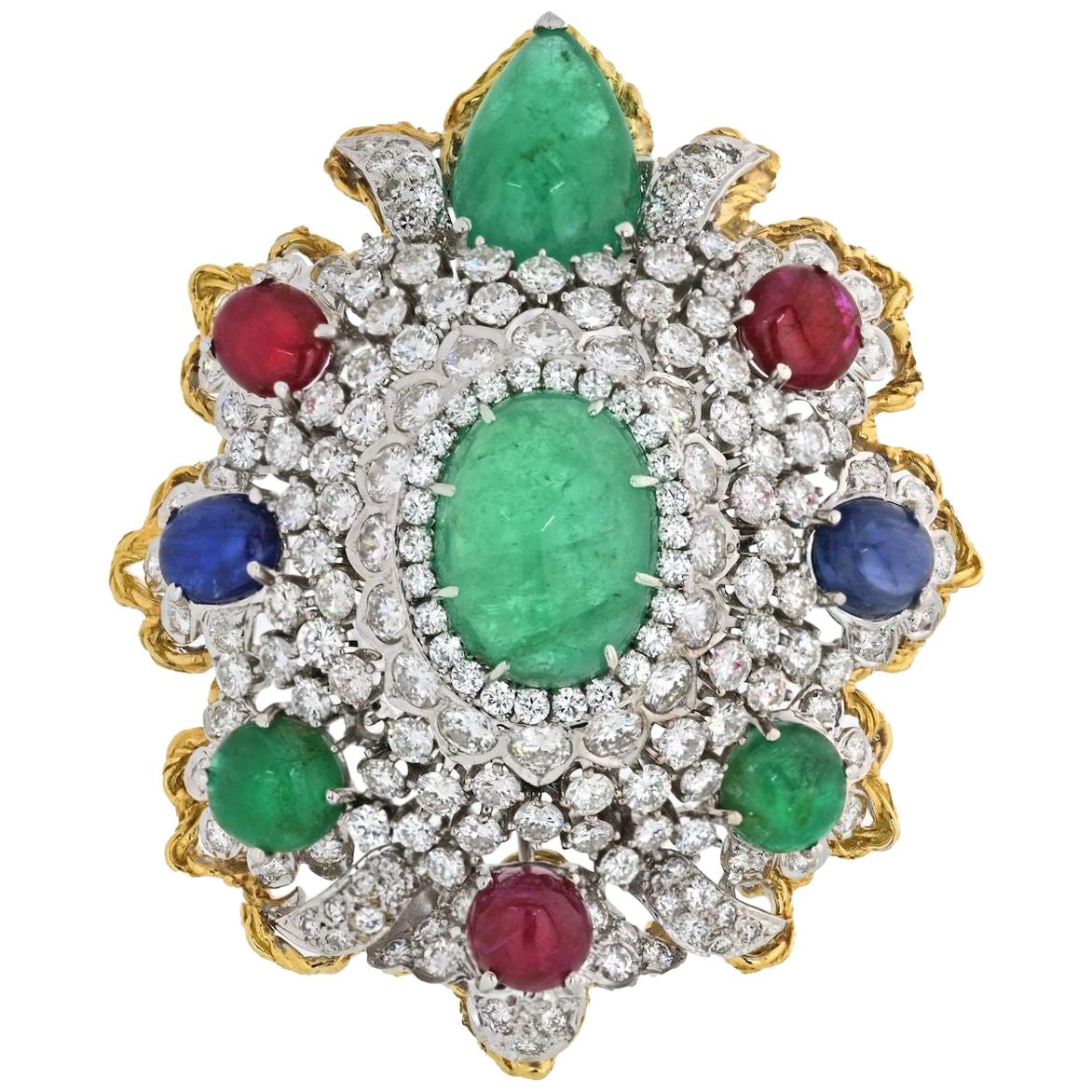 Diamond And Gemstones Heraldic Brooch from 1970's For Sale