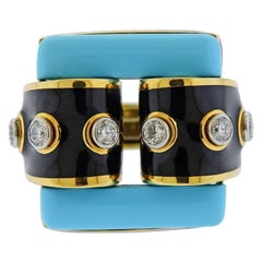 David Webb Domino Diamond Turquoise Enamel Gold Platinum Ring