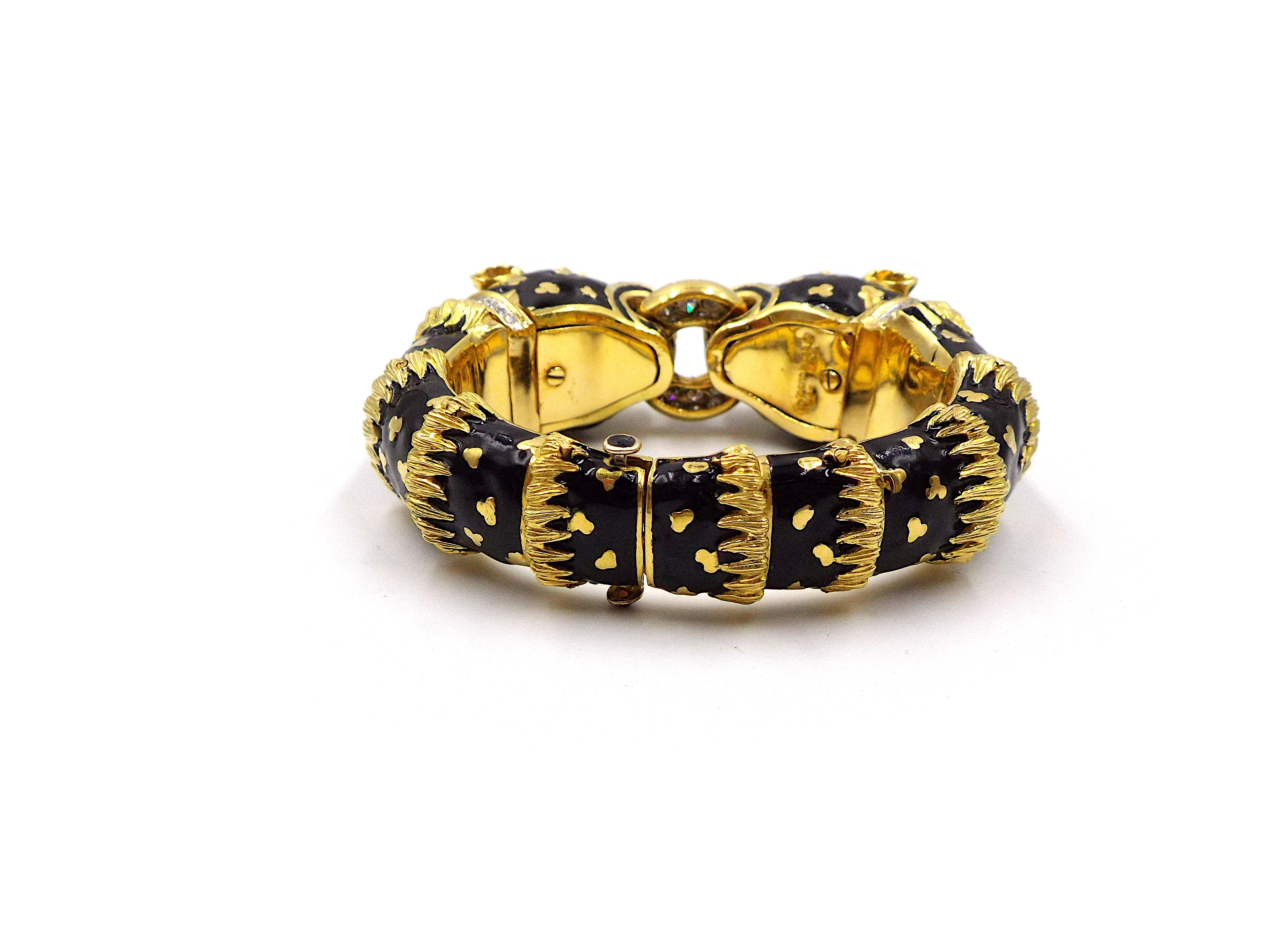 Women's David Webb Double Leopard 18K Gold Enamel Diamond Ruby Bracelet For Sale