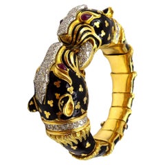 David Webb Double Leopard 18K Gold Enamel Diamond Ruby Bracelet