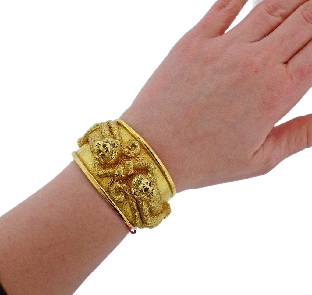 Women's or Men's David Webb Double Monkey Ruby Gold Cuff Bracelet