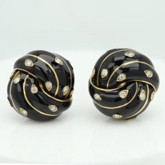 David Webb Earrings Black Enamel Diamond 18k Gold Vintage Ear Clips