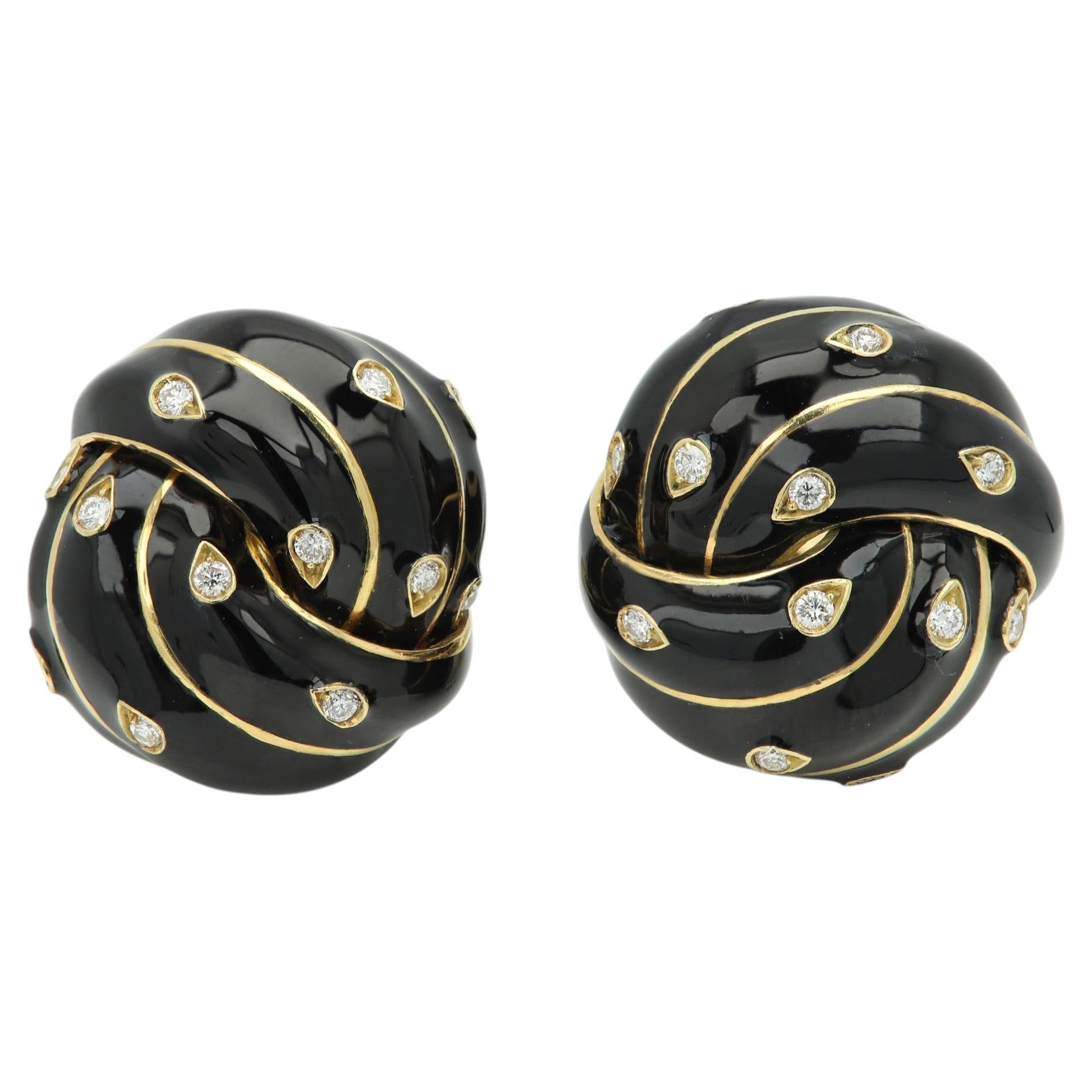 David Webb Ohrringe, schwarzes Emaille, Diamant, 18-karätiges Gold, Vintage-Ohrclips