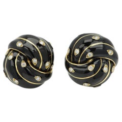 David Webb Earrings Black Enamel Diamond 18k Gold Vintage Ear Clips