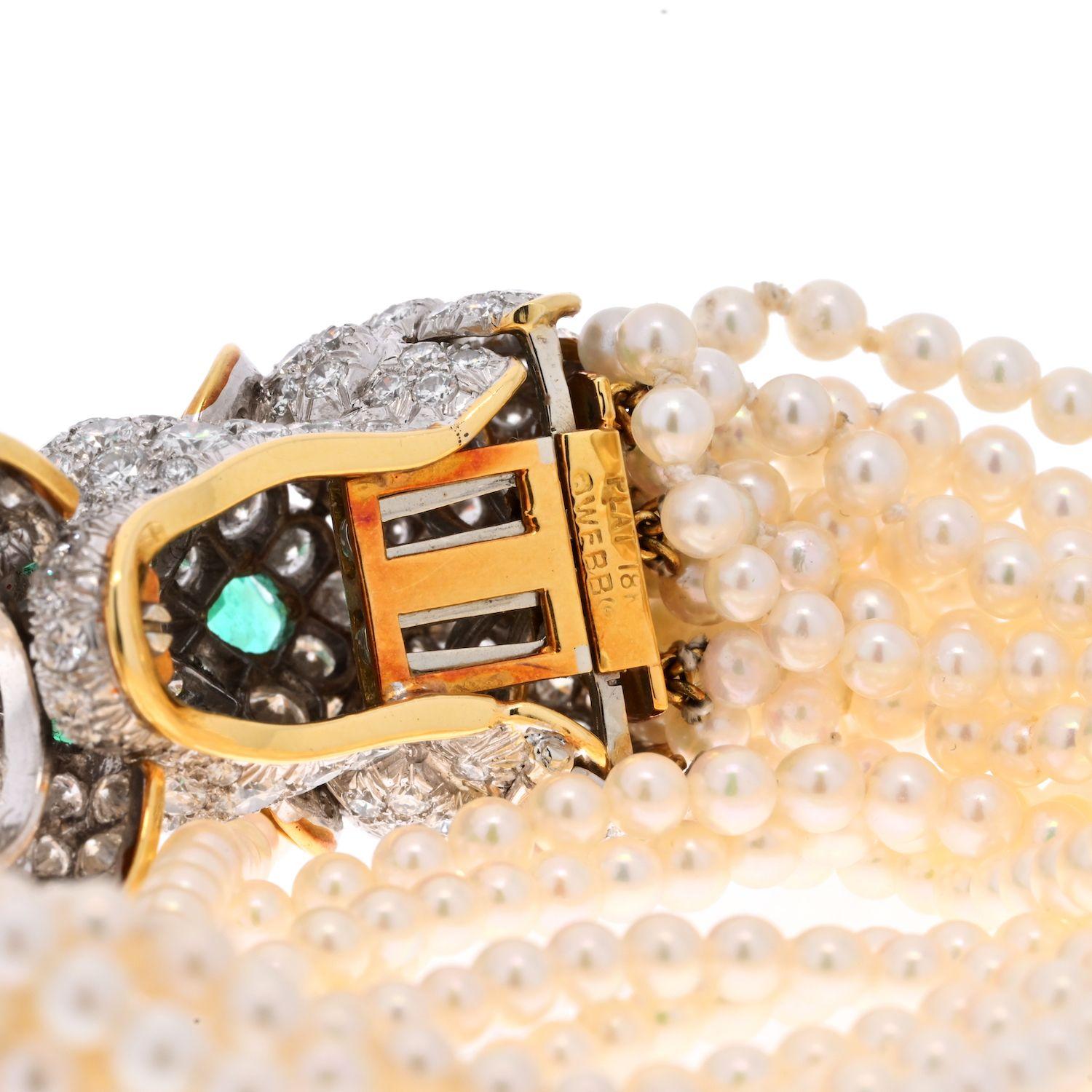 Modern David Webb Elizabeth Taylor Pearl, Diamond, Emerald Multi Strand Lion Bracelet