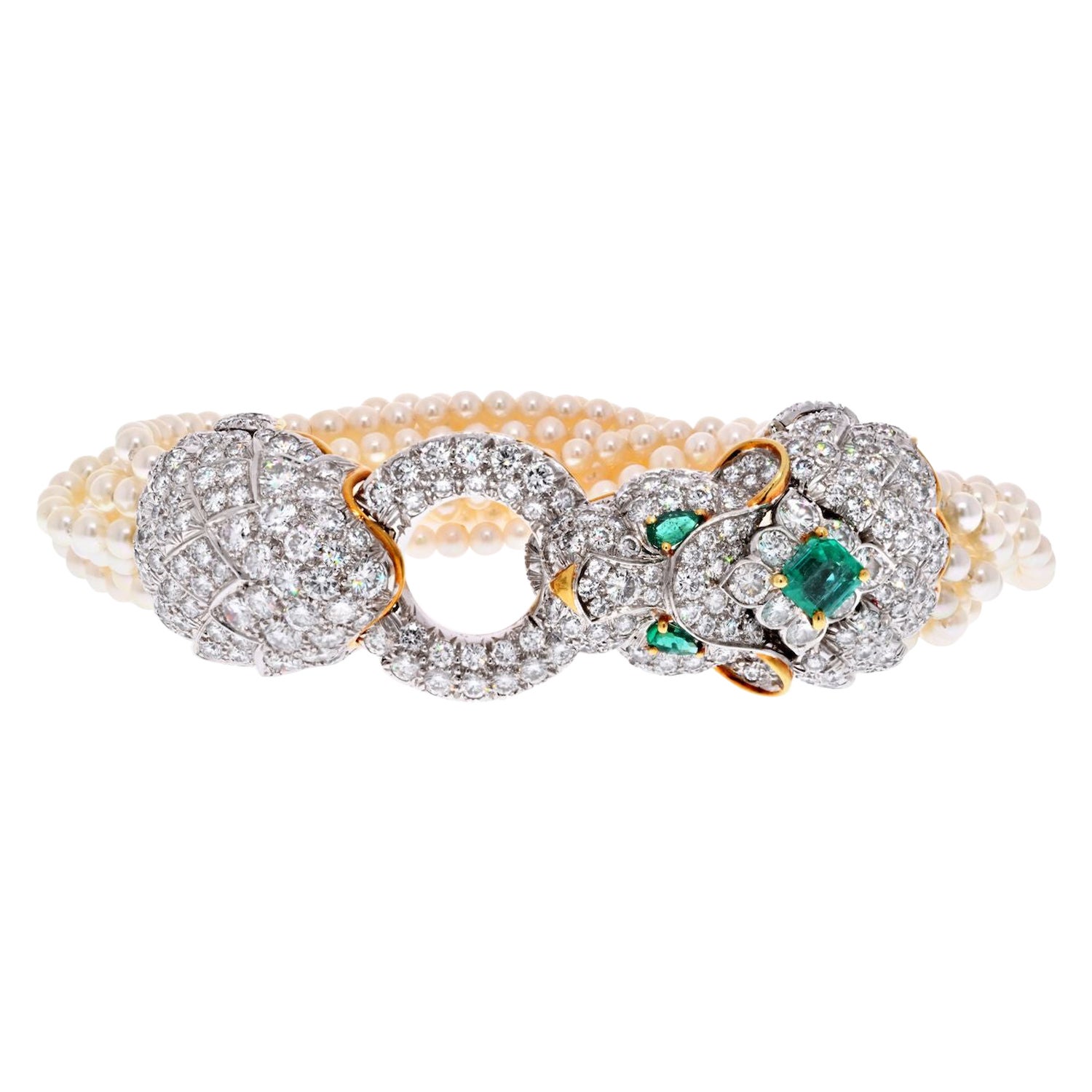 David Webb Elizabeth Taylor, mehrreihiges Löwenarmband, Perle, Diamant, Smaragd