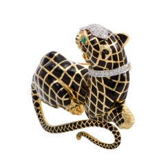 David Webb Emerald and Diamond Black Enameled Panther Gold Brooch