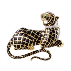 David Webb Emerald and Diamond Black Enameled Panther Gold Brooch