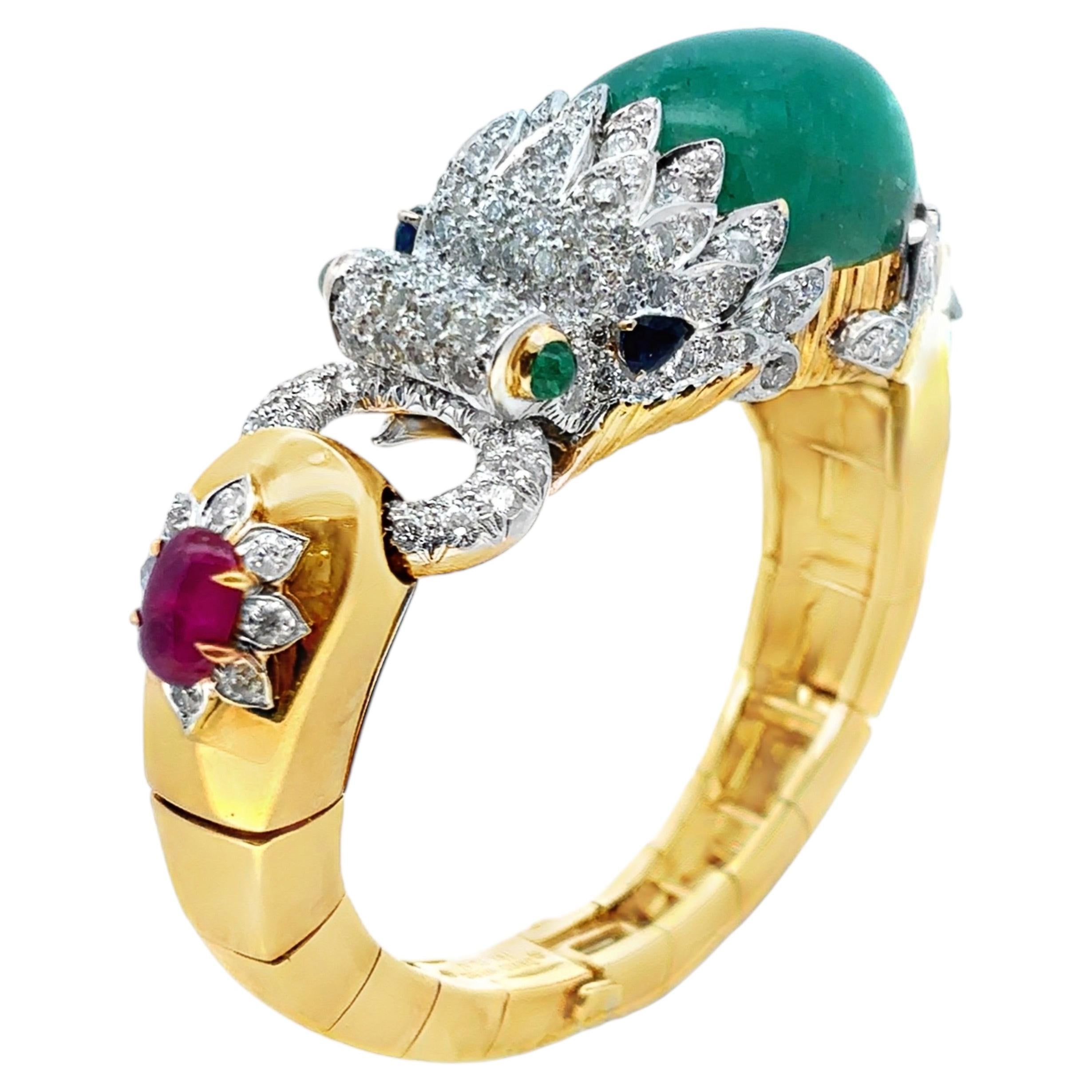 David Webb Emerald and Diamond Chimera Bangle Bracelet For Sale