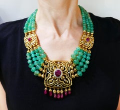 David Webb Emerald Bead Gold Necklace with Diamond and Ruby Accents, 1970s