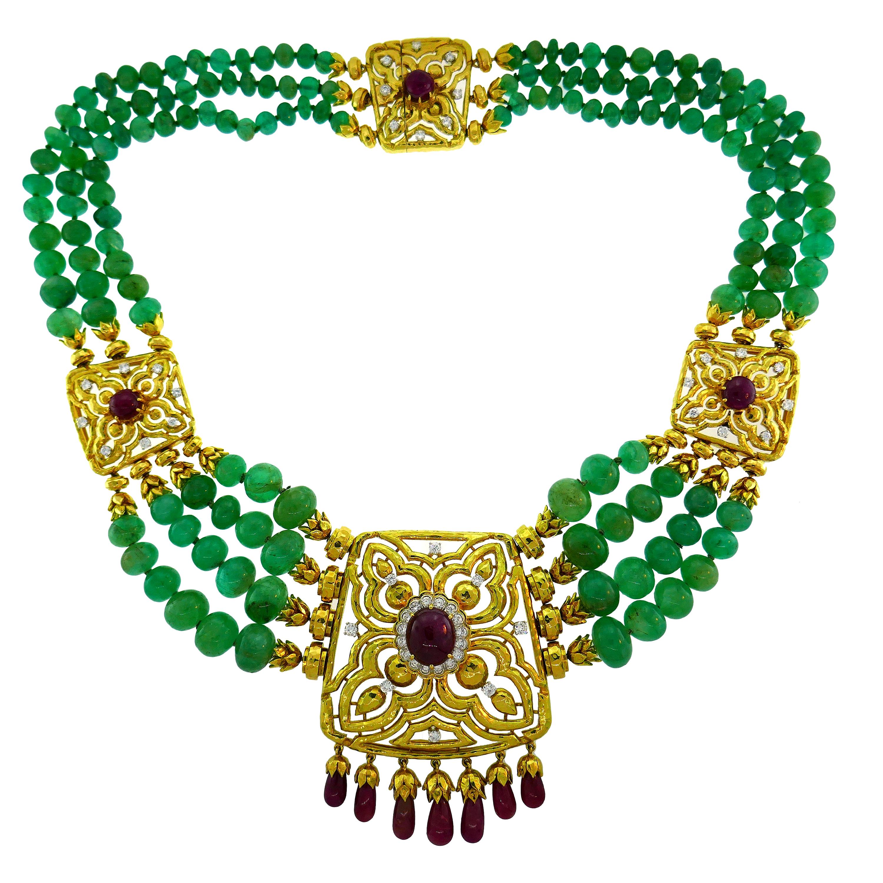 David Webb Emerald Bead Gold Necklace with Diamond and Ruby Accents, 1970s