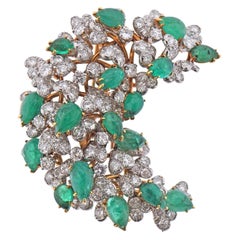 David Webb Emerald Cabochon Diamond Gold and Platinum Brooch Pin