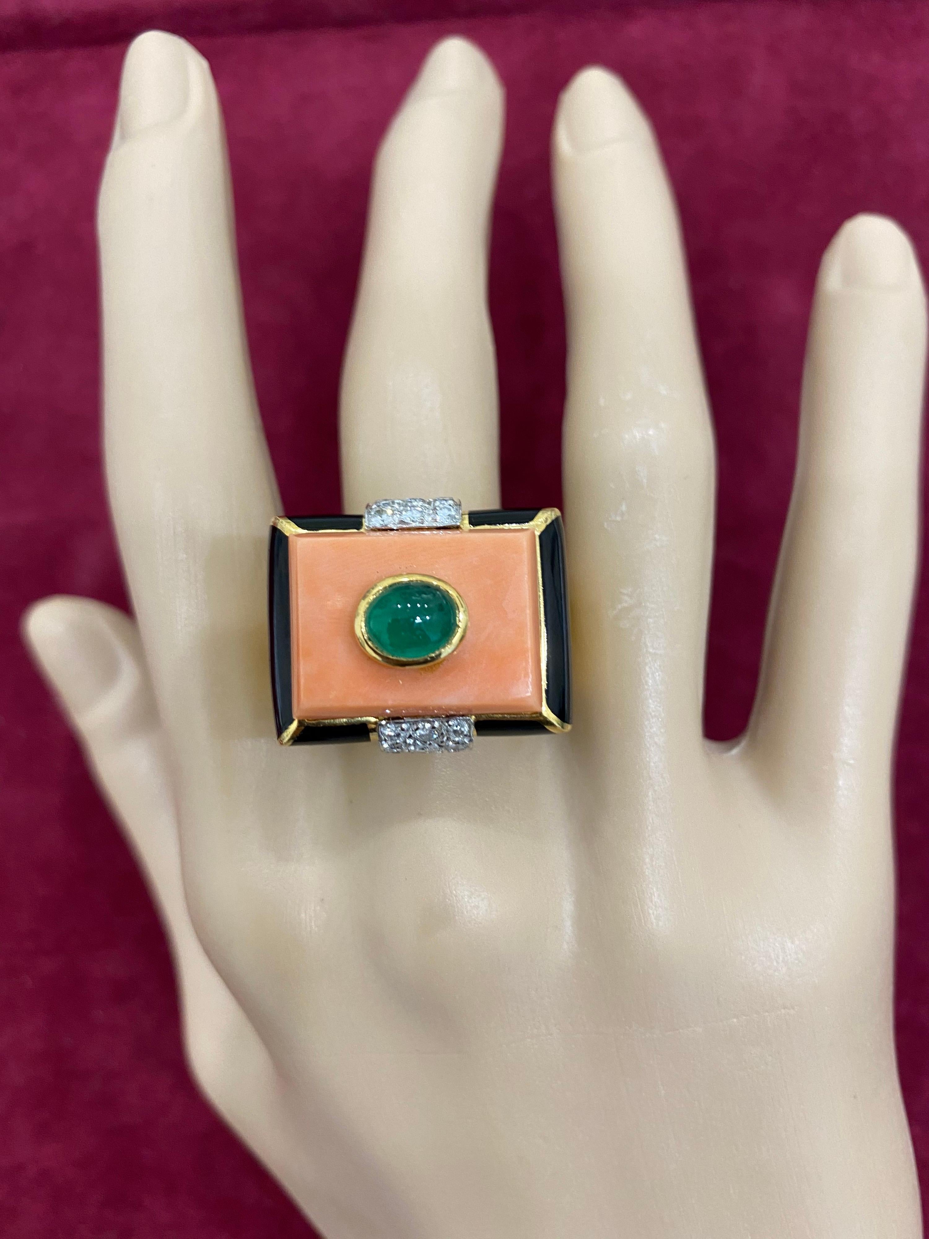 David Webb Emerald Coral Diamond Enamel Gold Ring 5