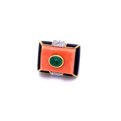 David Webb Emerald Coral Diamond Enamel Gold Ring