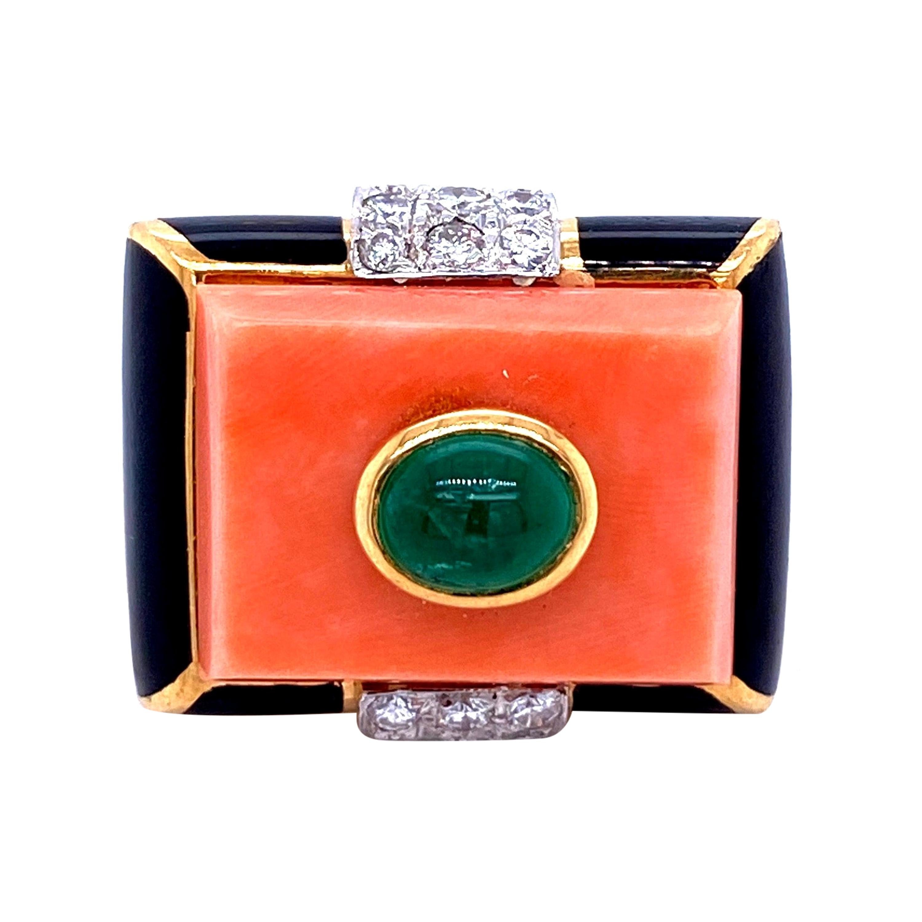 David Webb Emerald Coral Diamond Enamel Gold Ring