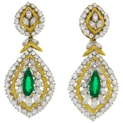 Pendientes vintage David Webb Esmeralda Diamante Oro 18k Día y Noche Río Cruzado