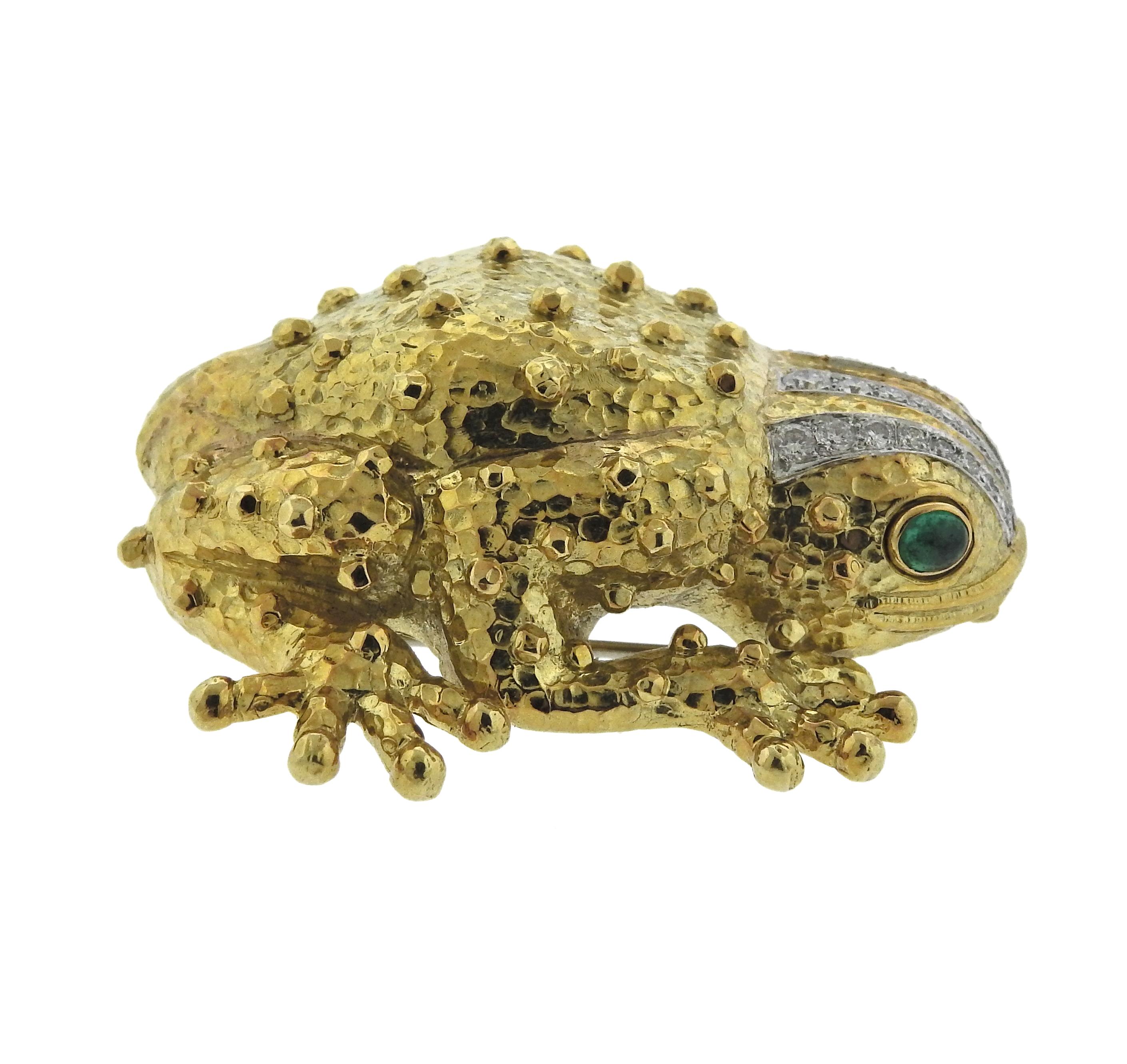 Large 18k gold and platinum frog brooch pendant, crafted by David Webb, set with emerald eyes and approx. 1.08ctw in H/VS diamonds. Brooch is 55mm x 51mm, weighs 65.4 grams. Marked: Plat, 18k, Webb.