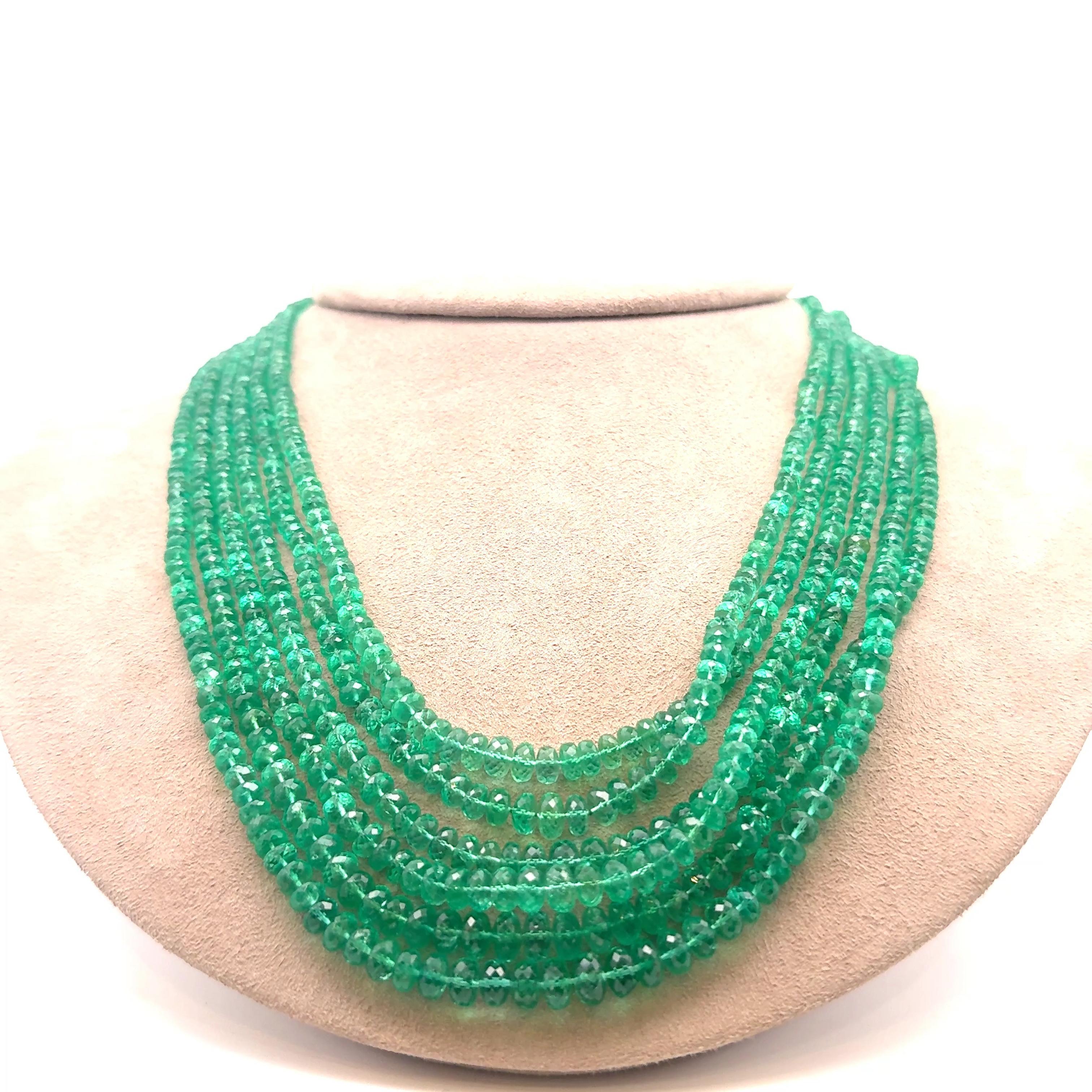 A captivating David Webb necklace featuring superb gem quality emerald beads. They measure 2-6mm each and weigh a total of approximately 300 carats. The emeralds are all eye clean with bright intense green color, and are faceted giving them sparkle