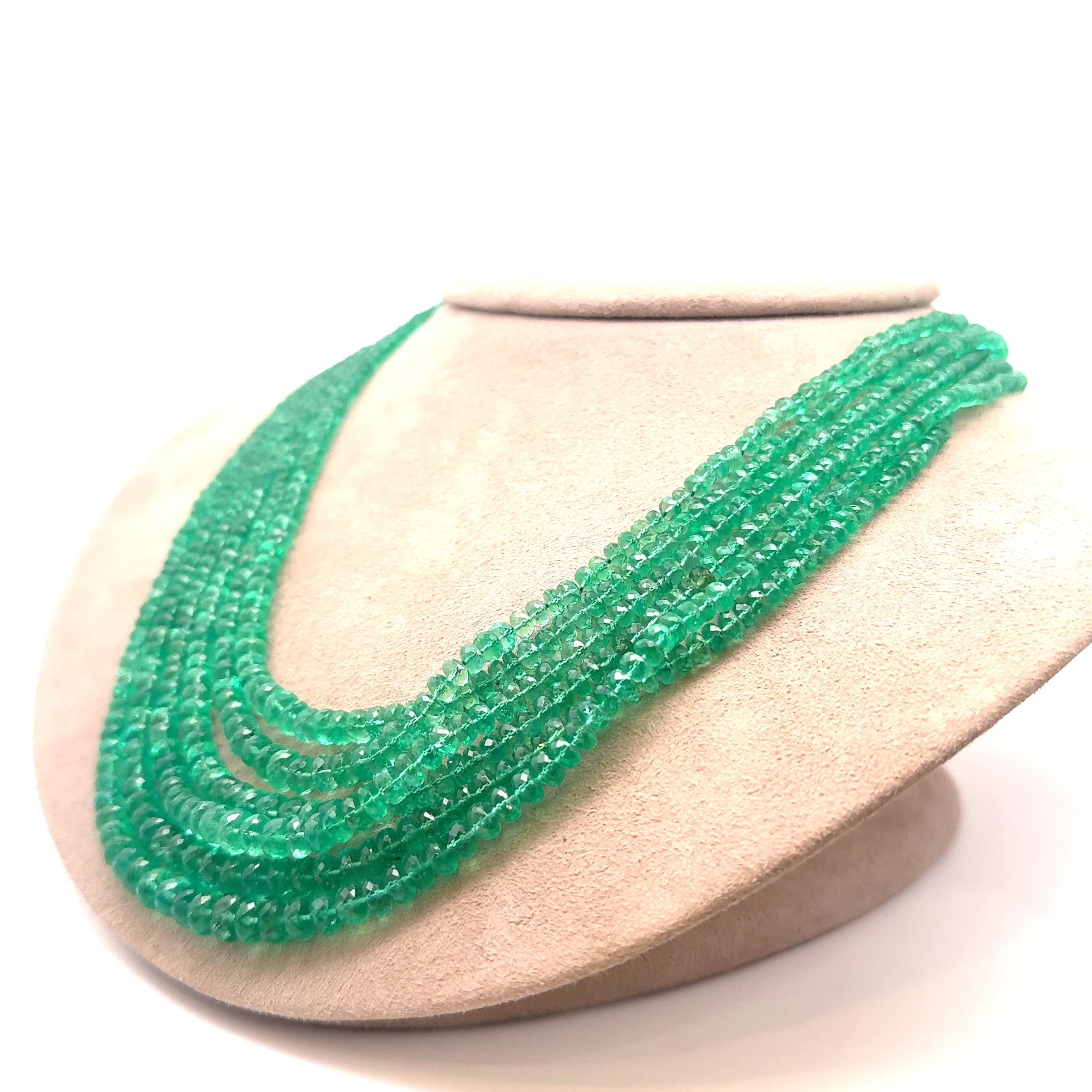 David Webb Emerald Diamond Multi-Strand Beads Necklace In Excellent Condition For Sale In Beverly Hills, CA