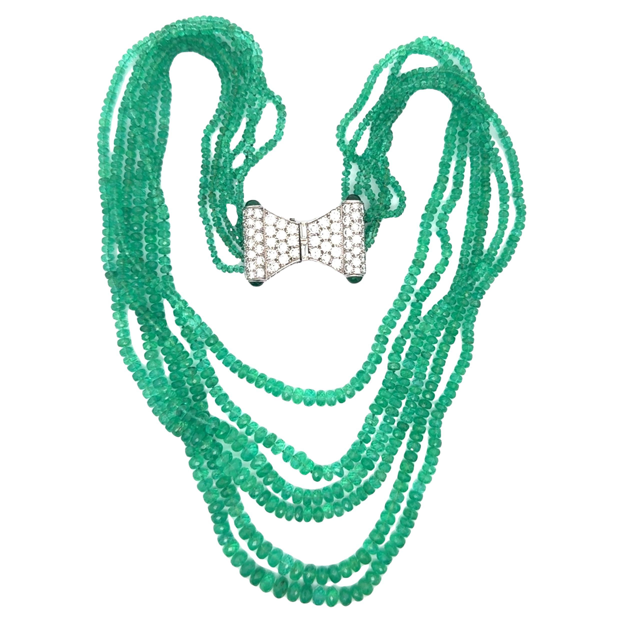 David Webb Emerald Diamond Multi-Strand Beads Necklace