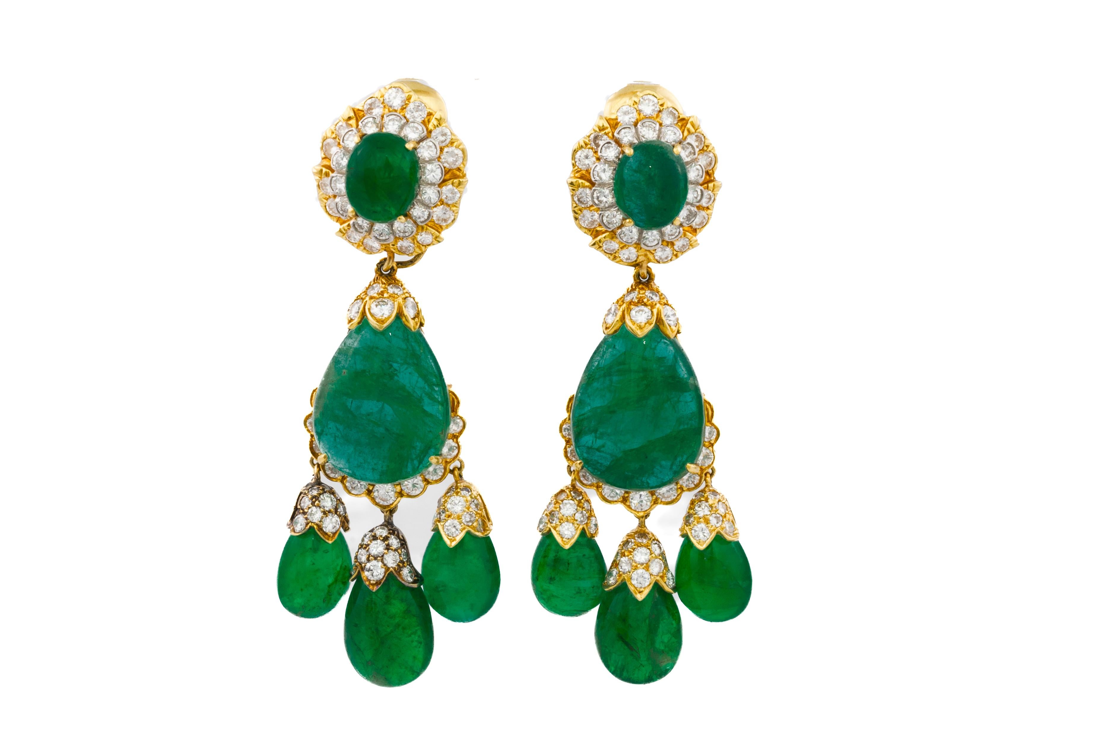Round Cut David Webb Emerald & Diamond Pendent Earrings For Sale