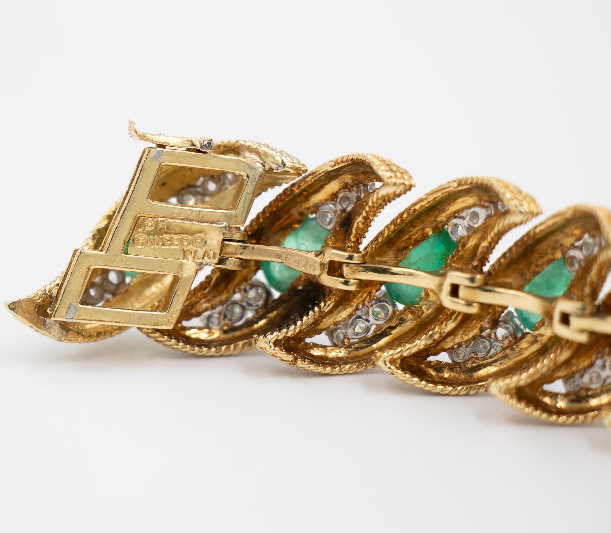 Women's David Webb Emerald & Diamond Ribbon Bracelet - 18k Gold / Platinum w. 65 Cts. 7