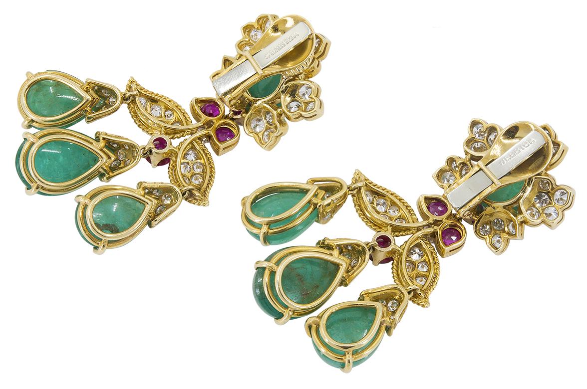 David Webb Diamond Emerald Ruby Yellow Gold Chandelier Earrings For ...