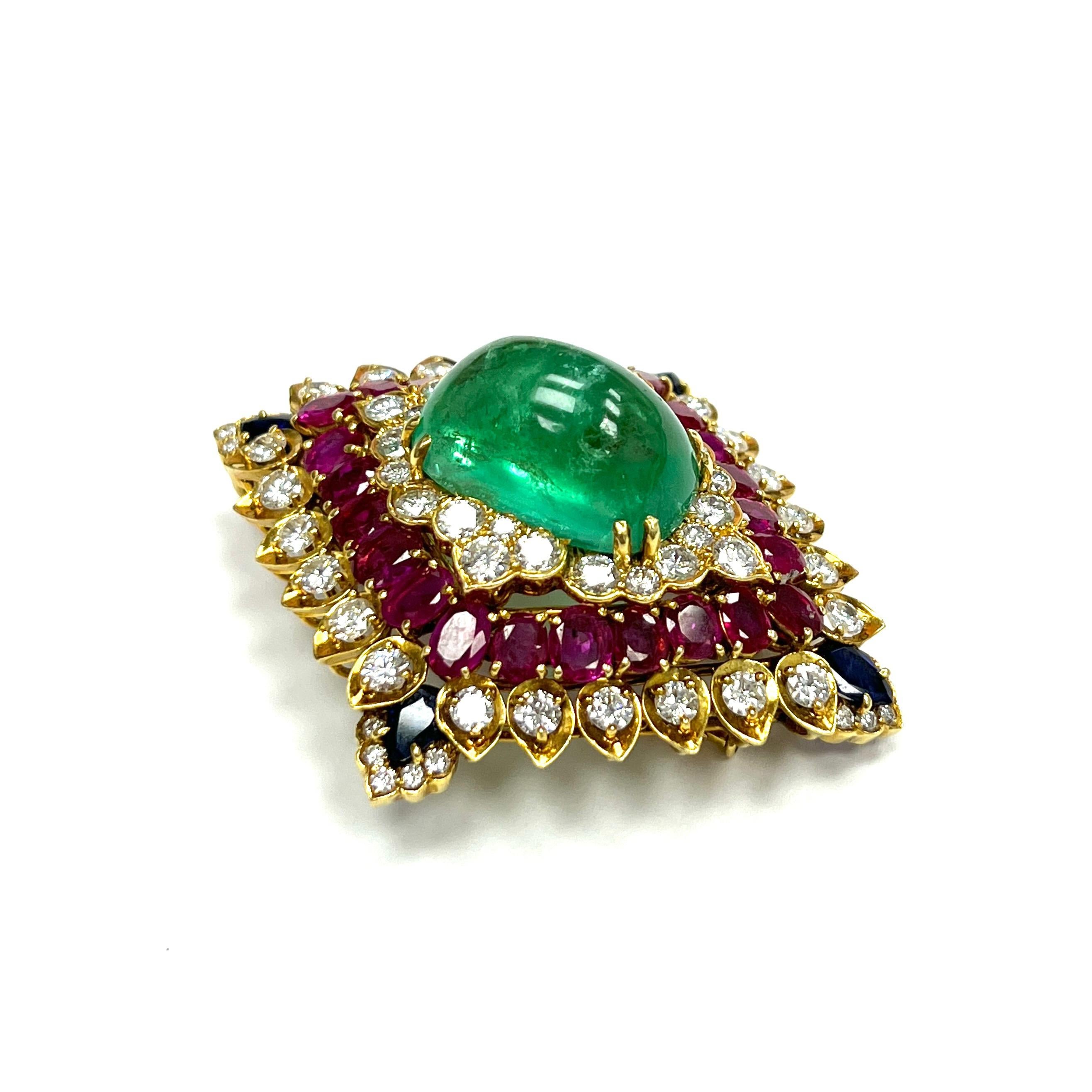 Mixed Cut David Webb Emerald Diamond Ruby Sapphire 18k Brooch For Sale