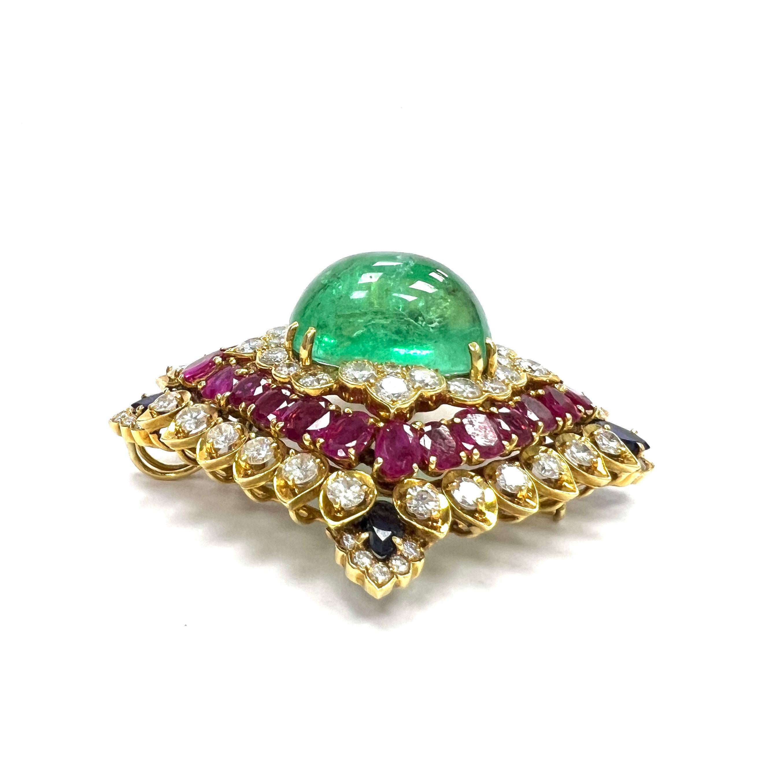 David Webb Emerald Diamond Ruby Sapphire 18k Brooch In Excellent Condition For Sale In New York, NY