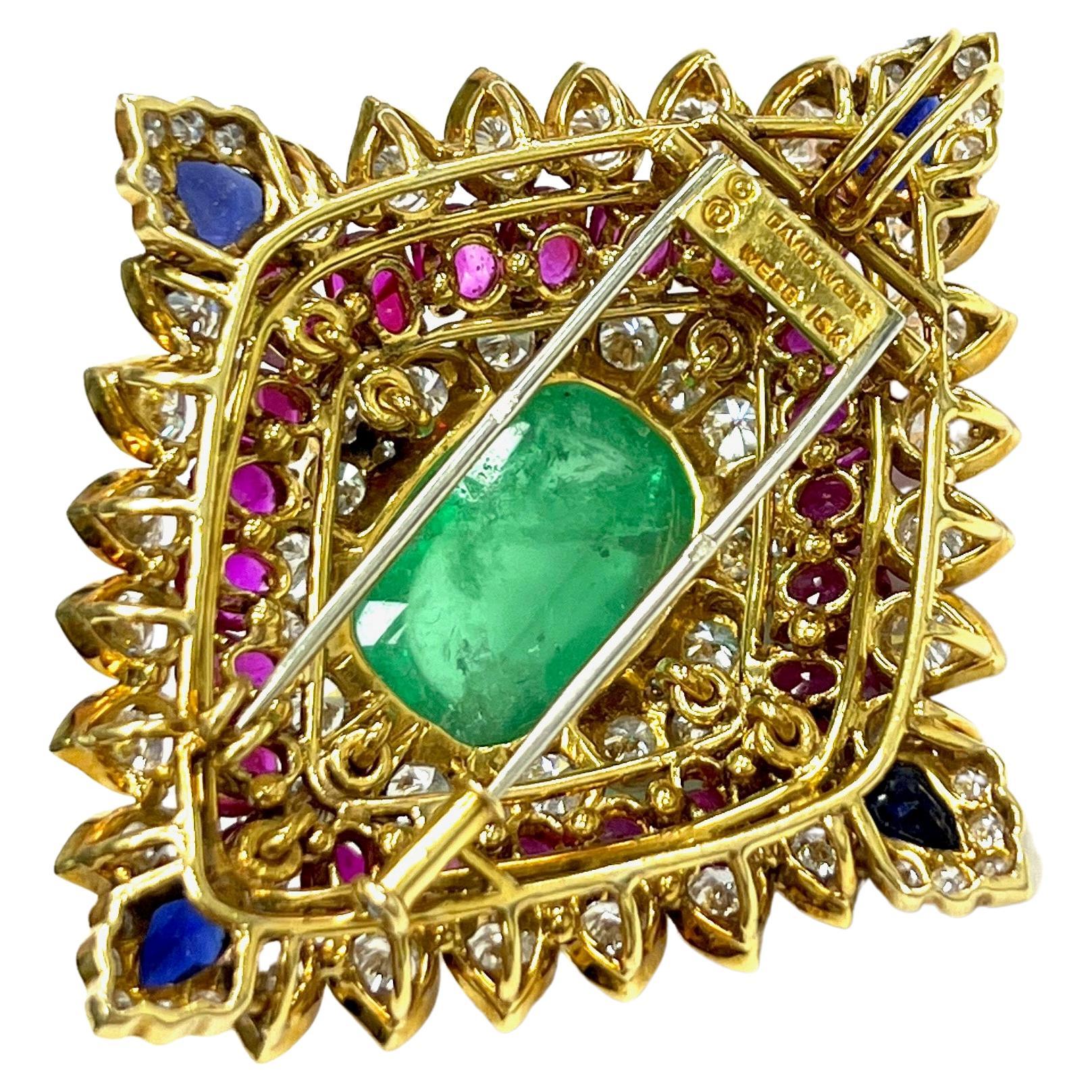 Women's or Men's David Webb Emerald Diamond Ruby Sapphire 18k Brooch For Sale