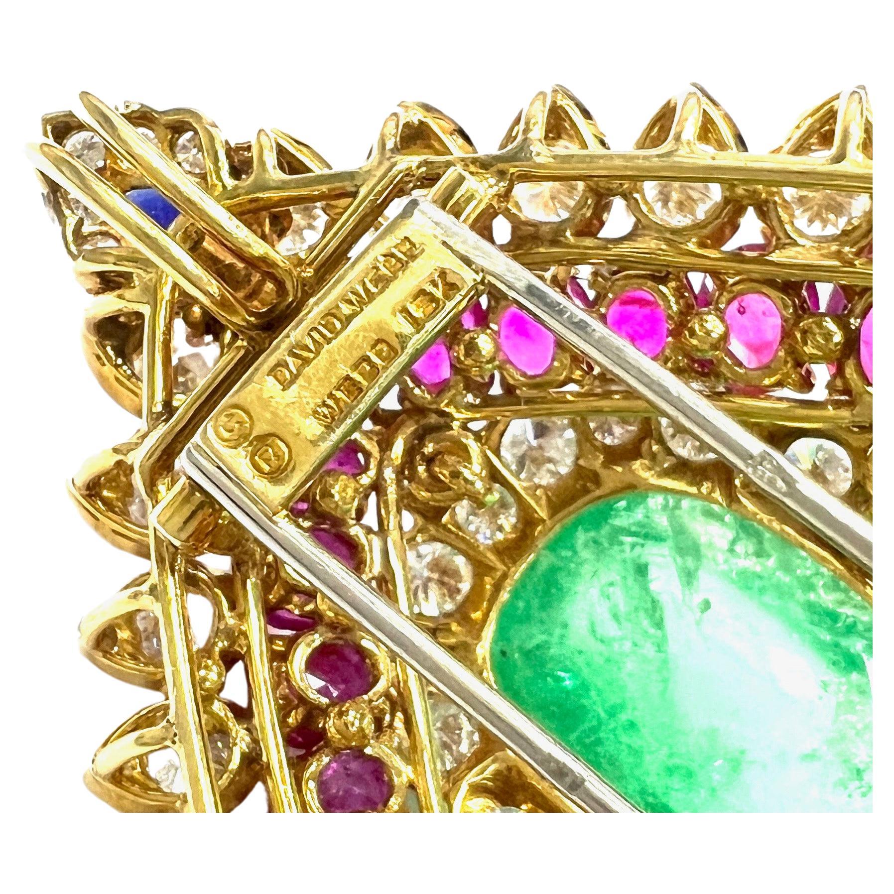 David Webb Emerald Diamond Ruby Sapphire 18k Brooch For Sale 1