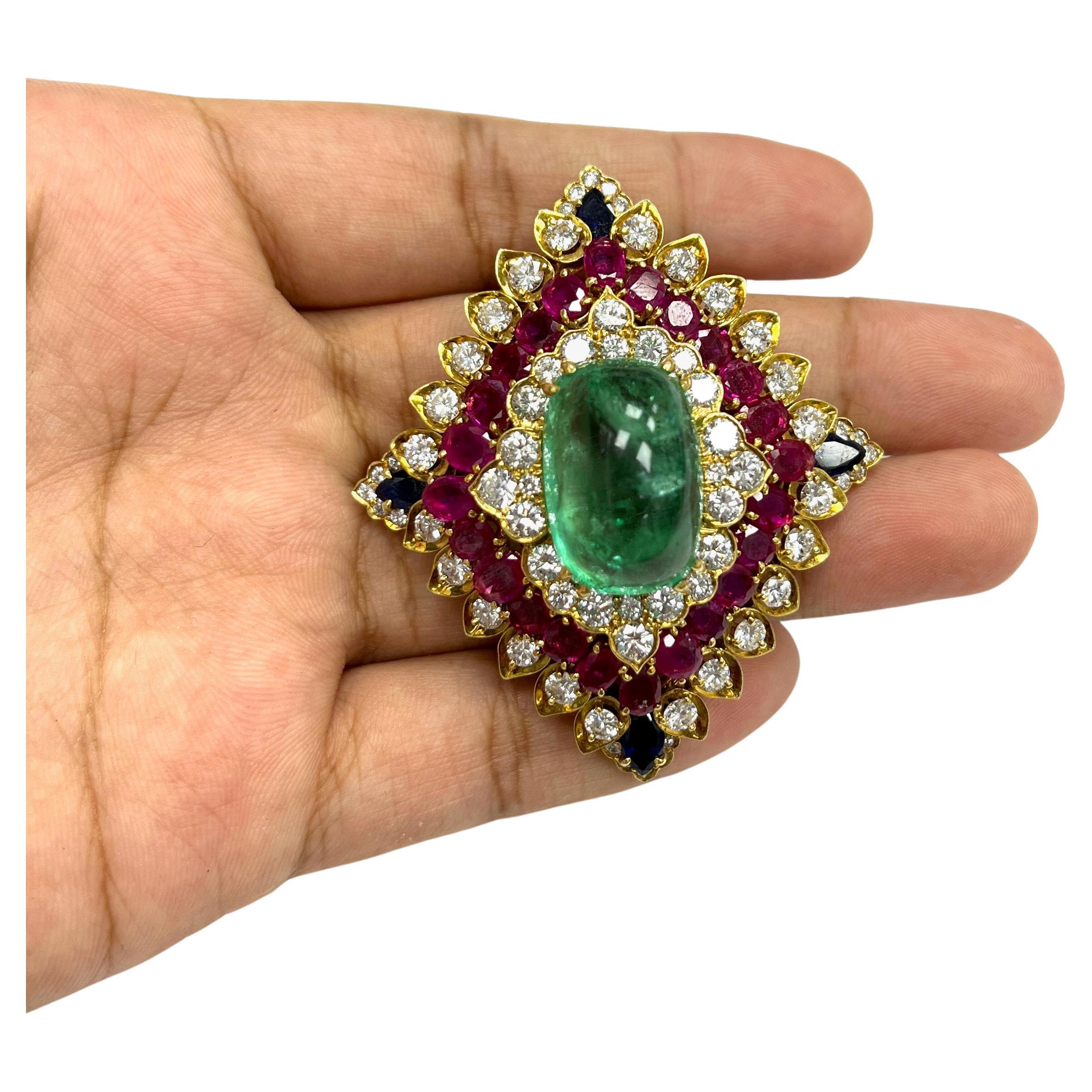 David Webb Emerald Diamond Ruby Sapphire 18k Brooch For Sale 2