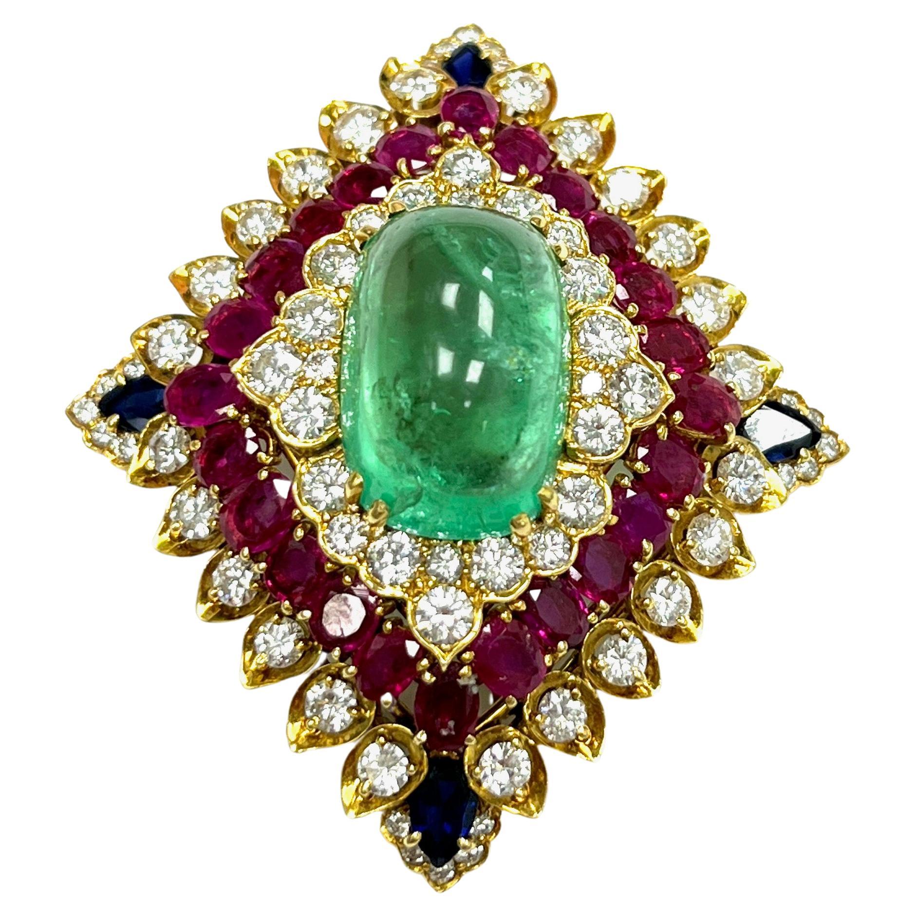 David Webb Emerald Diamond Ruby Sapphire 18k Brooch