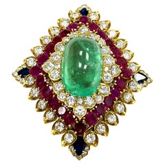 David Webb Emerald Diamond Ruby Sapphire 18k Brooch