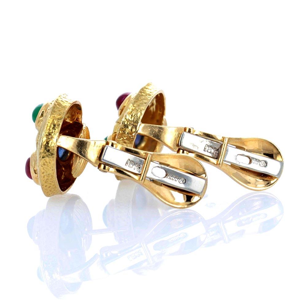 Modern David Webb Emerald Ruby and Sapphire Cabochon Earrings