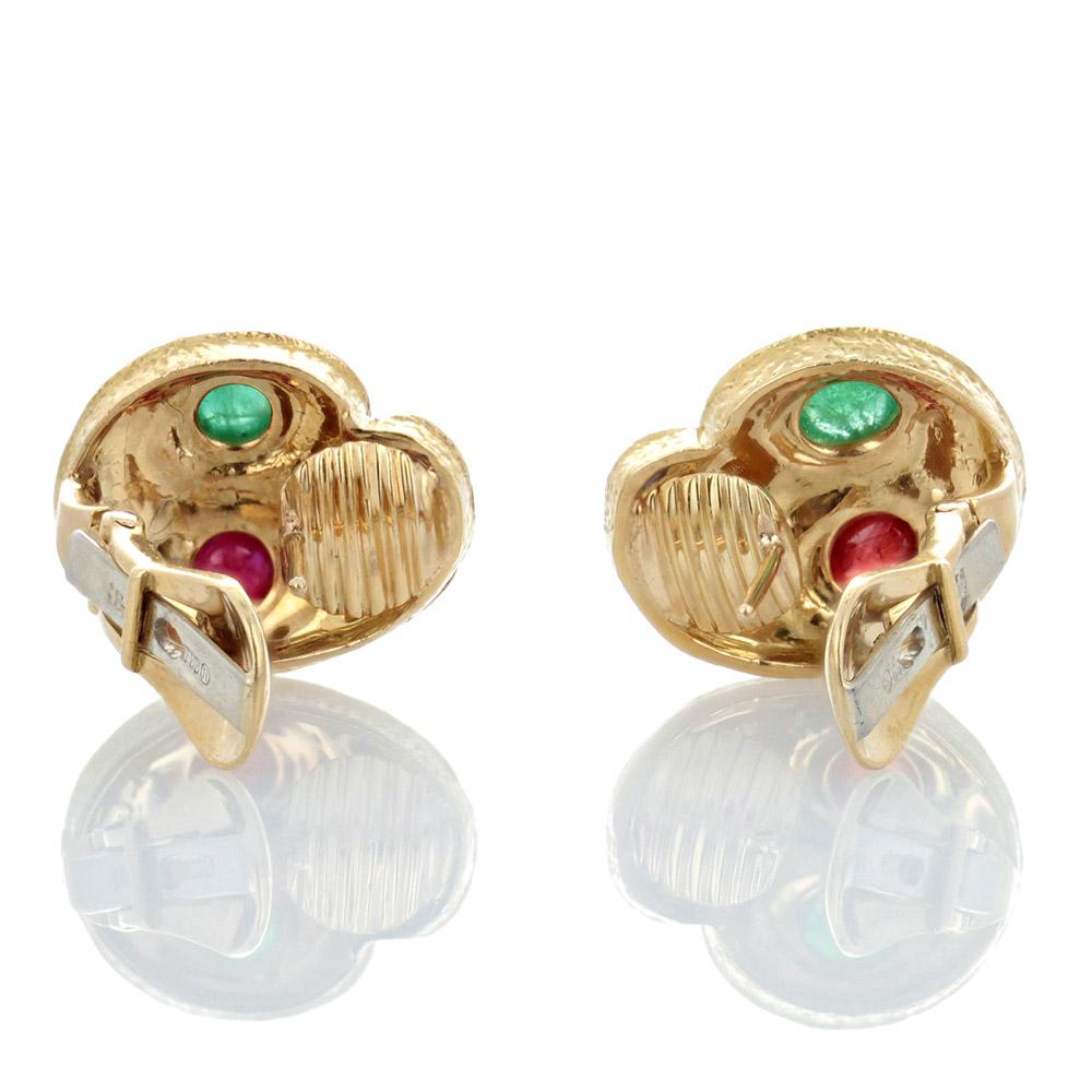 Women's or Men's David Webb Emerald Ruby and Sapphire Cabochon Earrings