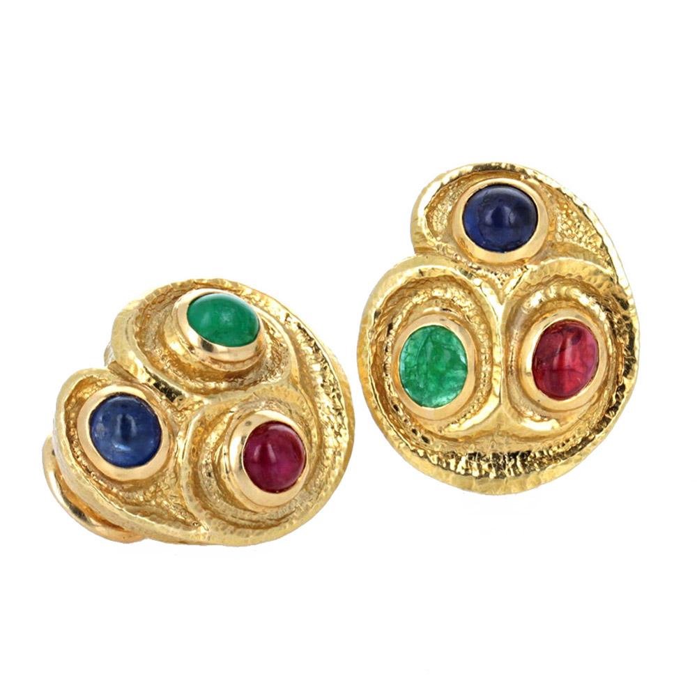 David Webb Emerald Ruby and Sapphire Cabochon Earrings