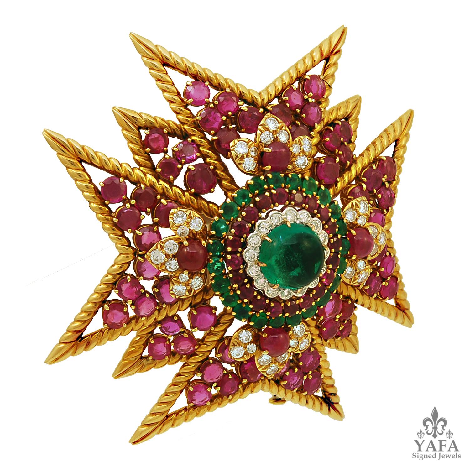 DAVID WEBB Emerald, Ruby & Diamond Maltese Brooch
David Webb Vintage 1970s Emerald Ruby  Diamond Gold Palm Beach Stye Maltese Pin
Designed as a stylized Maltese cross, centering a cabochon emerald, further decorated with round emeralds and rubies,