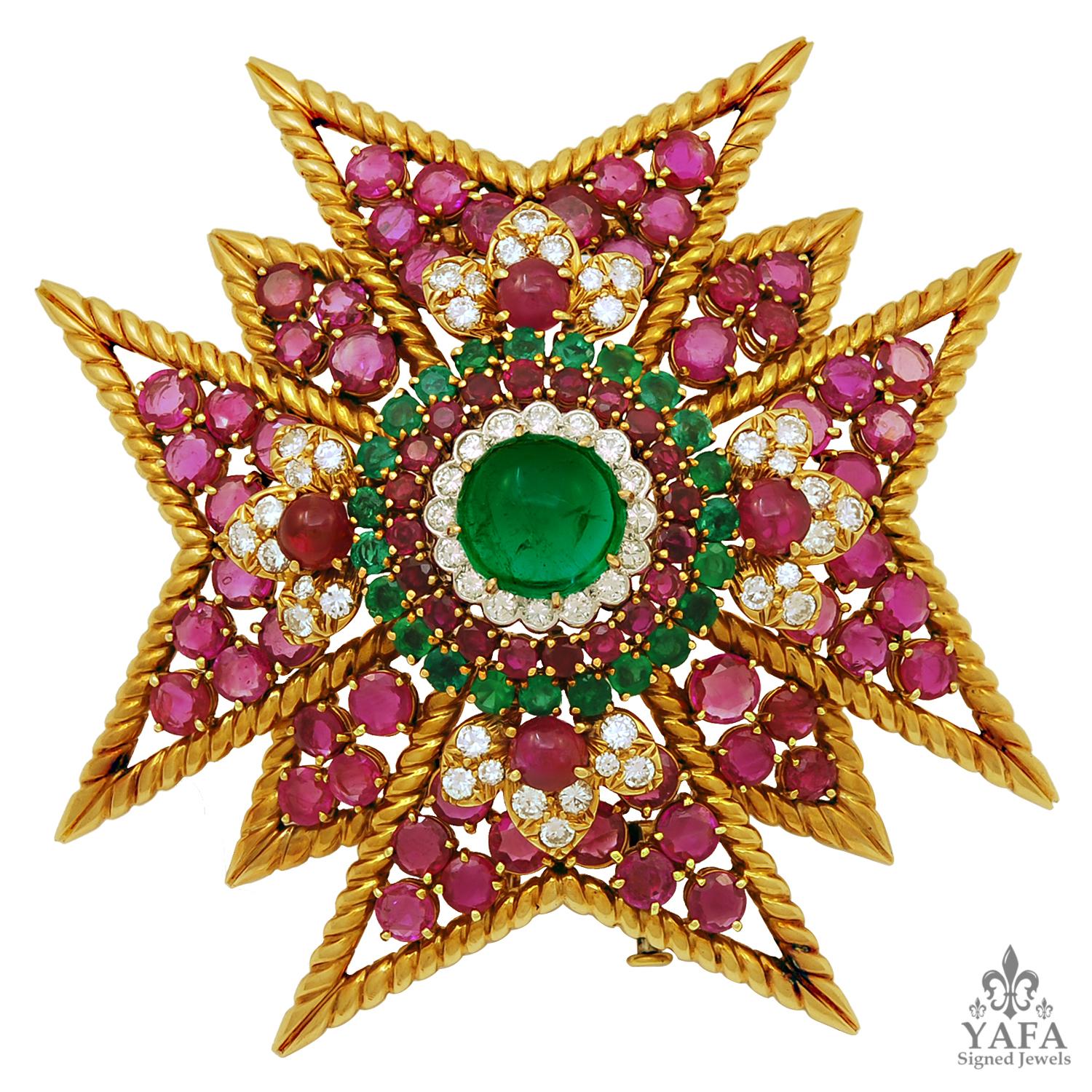 Modern David Webb Vintage 1970s Emerald Ruby  Diamond Gold Palm Beach Stye Maltese Pin