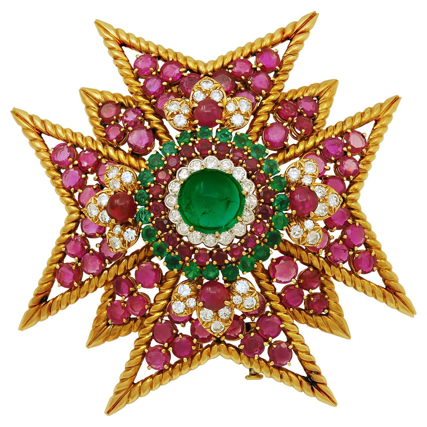 David Webb Vintage 1970s Emerald Ruby  Diamond Gold Palm Beach Stye Maltese Pin