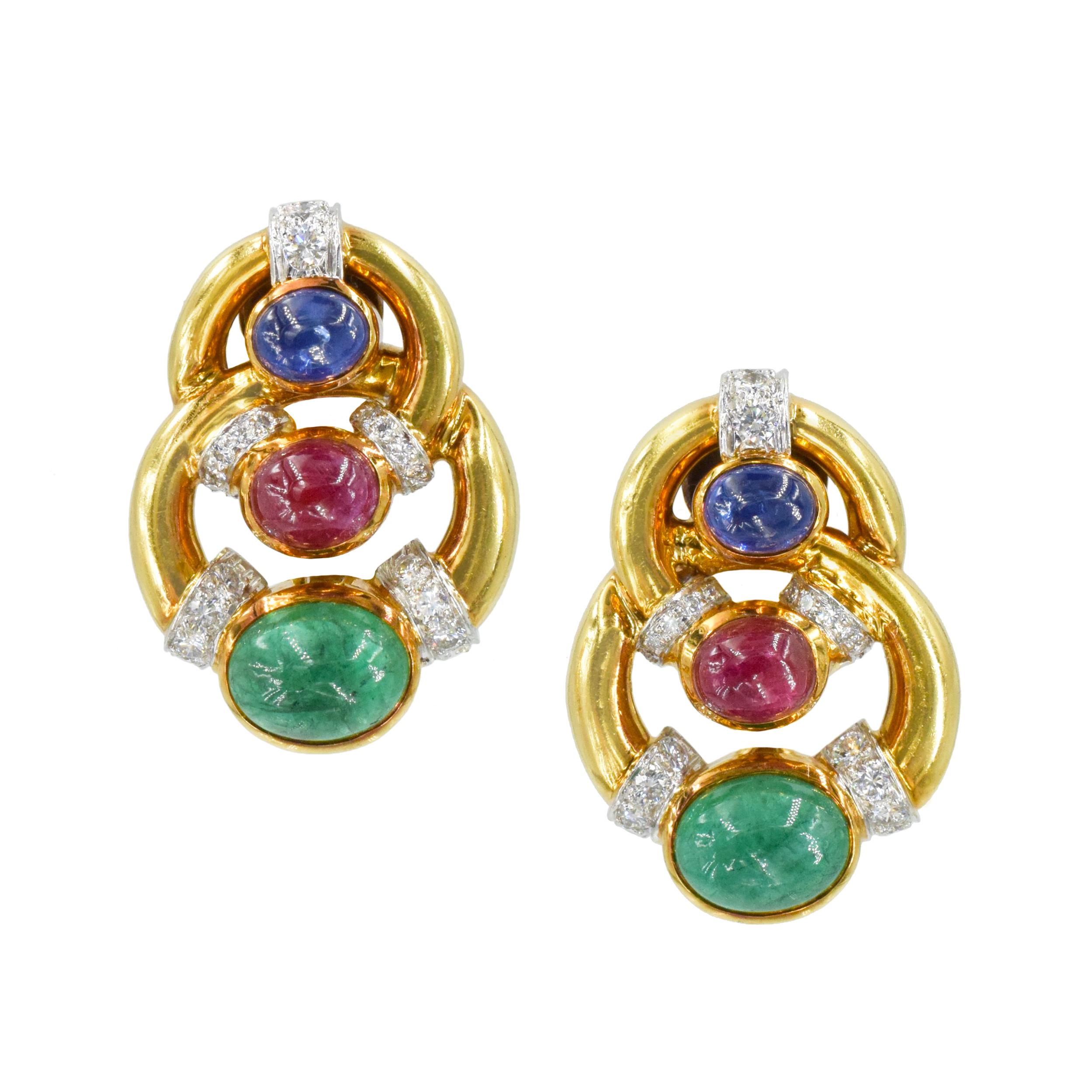 Cabochon David Webb Emerald, Ruby, Sapphire and Diamond Ear Clip Earrings